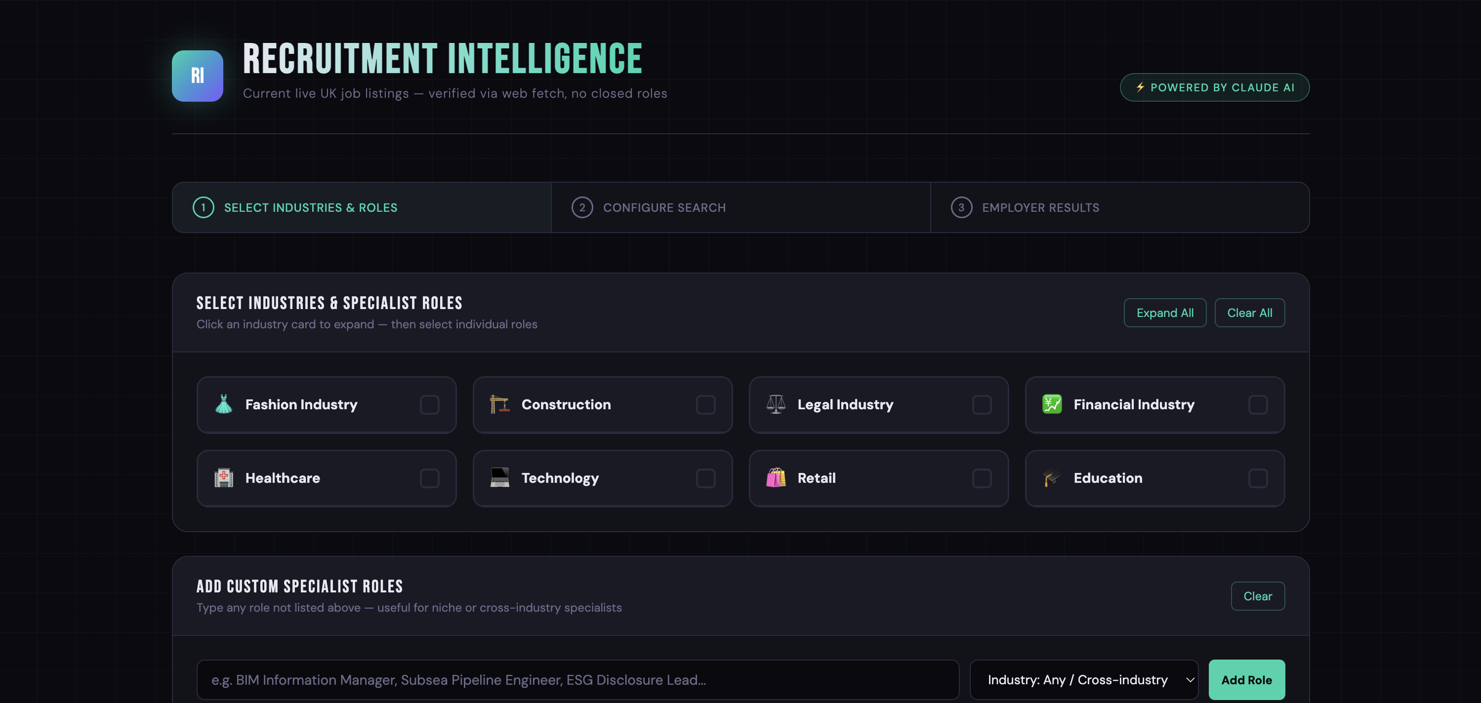 Recruitment Intelligence app interface showing industry selection and live UK job listings